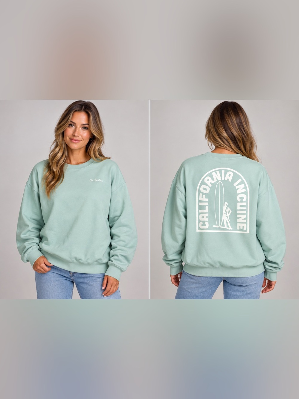 California Incline Women’s Large Surf Crewneck Sweatshirt Mint Green Made in USA